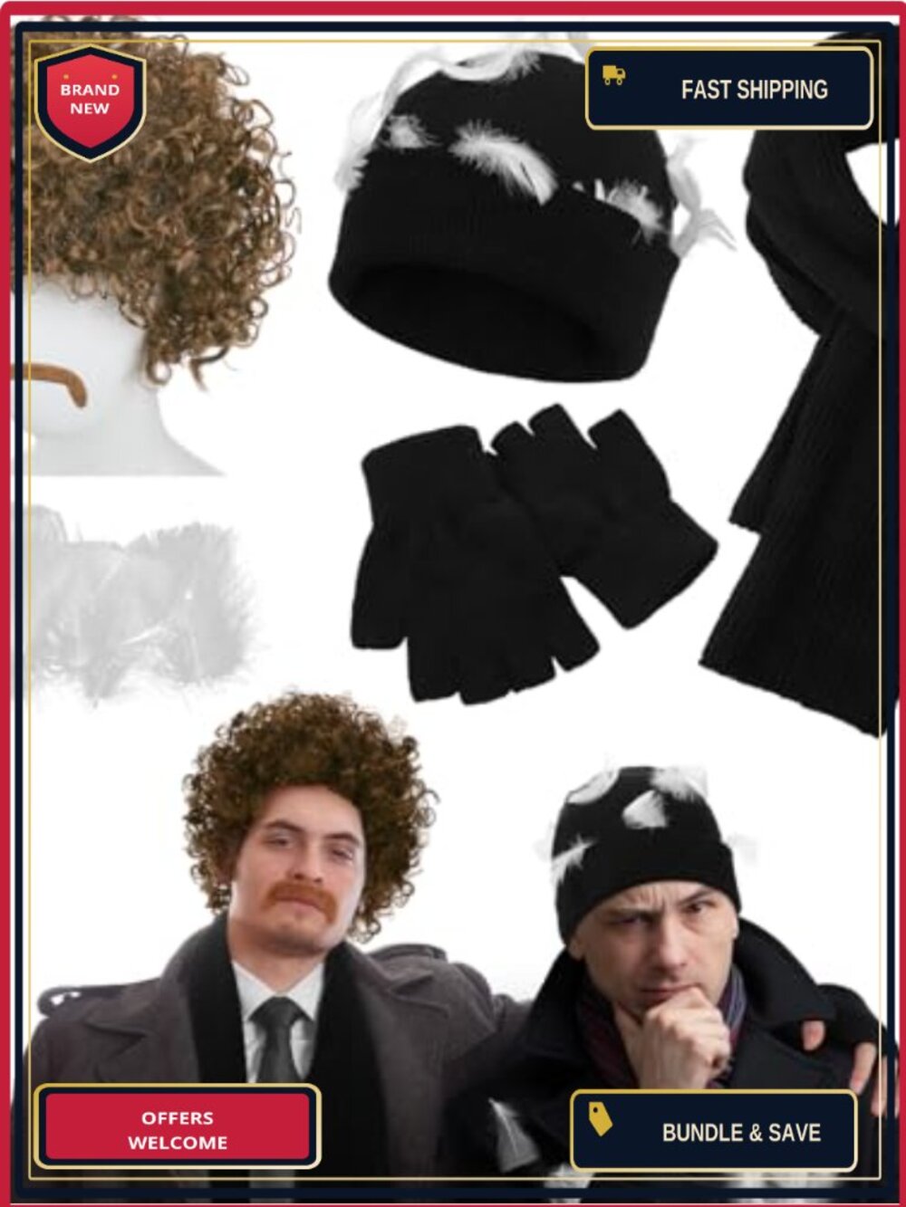 Men's Christmas Movie Costume Set 6-Piece Beanie Gloves Scarf Wig Mustache